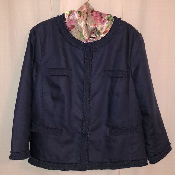 Talbots 14 Navy Linen Cotton Blazer Jacket with Frayed Ruffled Trim Details - Picture 1 of 13